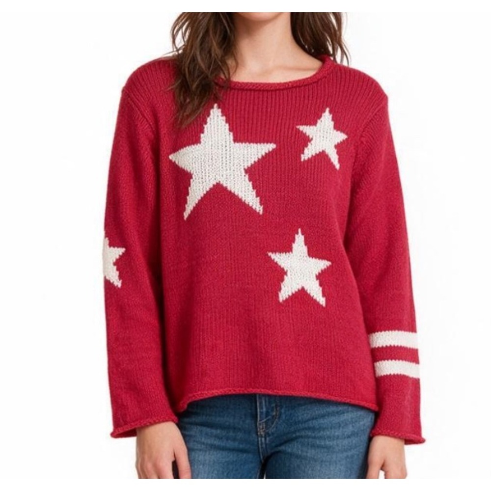 WOODEN SHIPS Roll Neck Sweater RED w/WHITE STARS & STRIPES Cotton Blend SIZE S/M